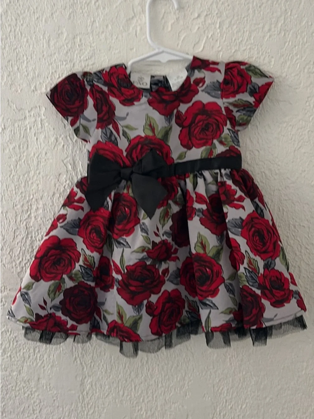 12M Red Rose Print Party Dress with Black Bow